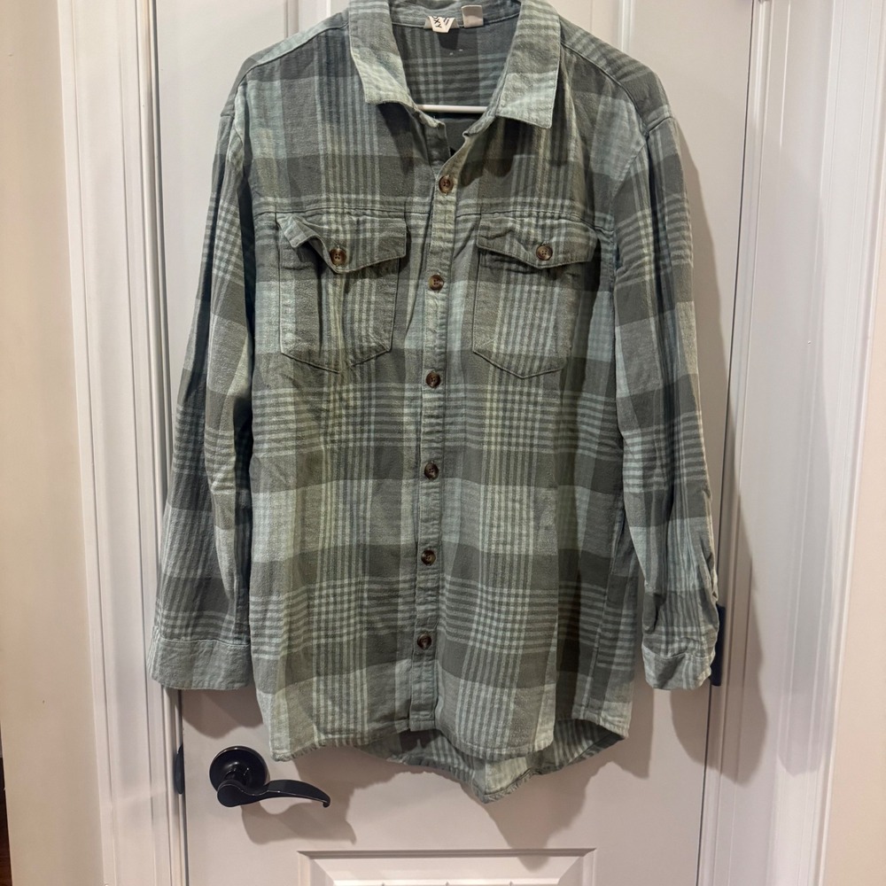 Roxy Womens Sage Green Plaid Button Down Cotton Flannel Shirt Size Medium